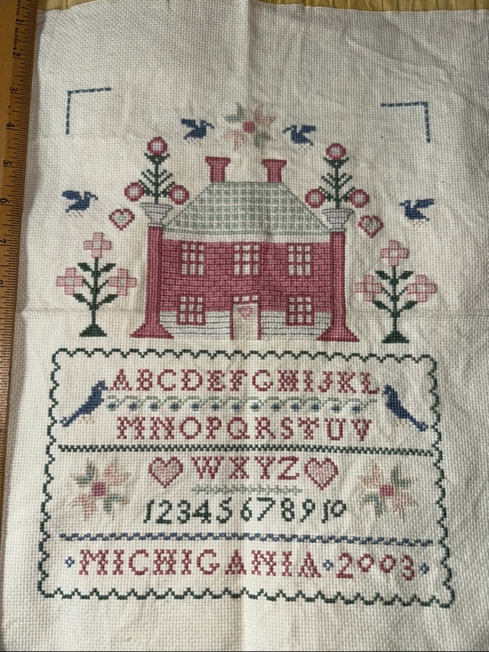 Handcrafted Cross-Stitch Sampler Wall Hanging in Pink and Green